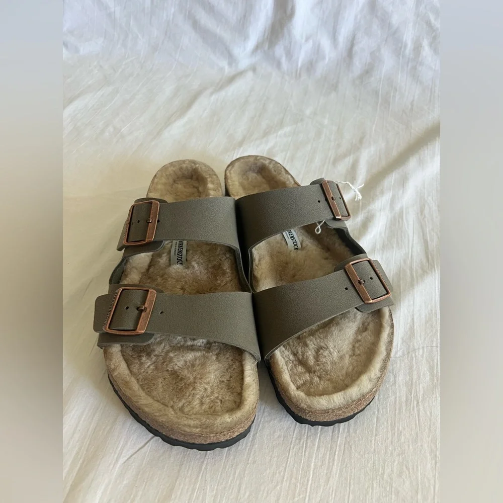 New Birkenstock Arizona shearling sandals mens 11 11.5 eu 44 taupe suede